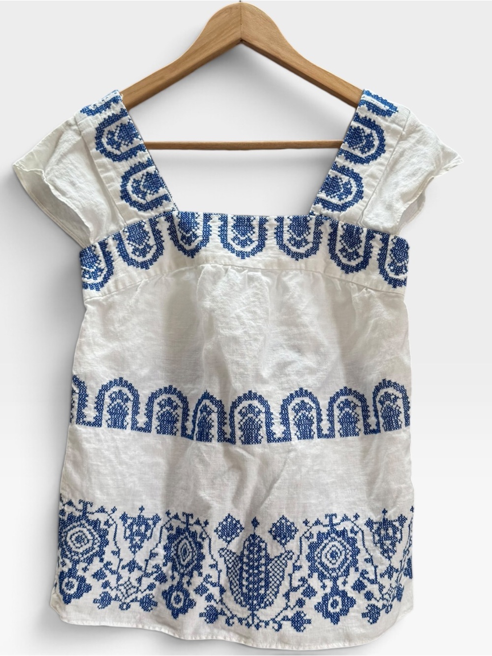 Milly White Linen Blue Cross-Stitch Embroidered Tank Top P